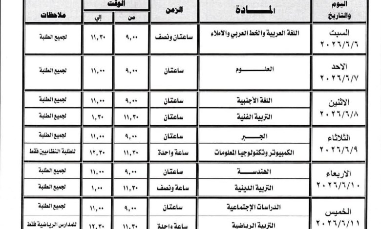 جدول امتحان الشهادة الإعدادية بأسيوط 