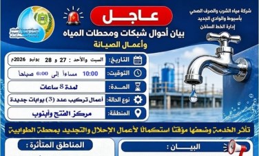 تنويه هام من شركة مياه الشرب بأسيوط بشأن تأثر الخدمة بمركزي أبنوب والفتح